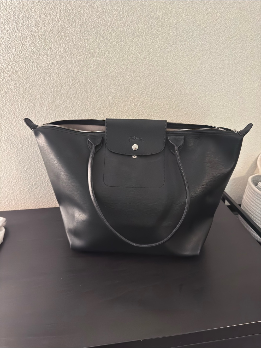 Longchamp Black Coated Canvas Tote-Large